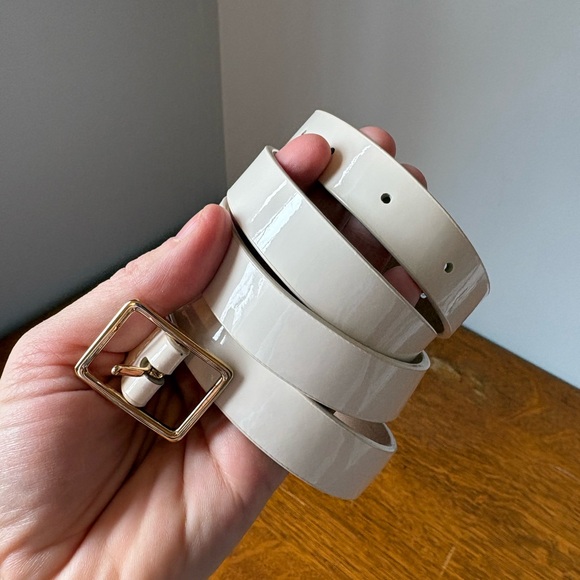 J Crew Cream Patent Leather Gold Square Buckle Belt Classic Skinny 3/4” 39” GUC - Picture 2 of 10